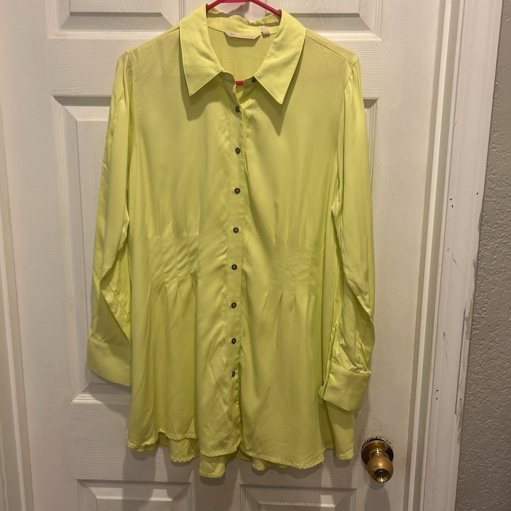 Soft Surroundings Tunic Women's Large Citron Green Button Front‎ Roll Tab Sleeve